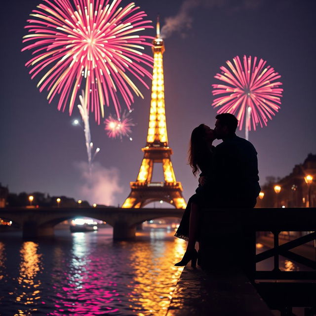 A romantic silhouette of a couple sitting on a bridge above the Seine River while kissing, with the iconic Eiffel Tower illuminated majestically in the background