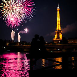 A romantic silhouette of a couple sitting on a bridge above the Seine River while kissing, with the iconic Eiffel Tower illuminated majestically in the background