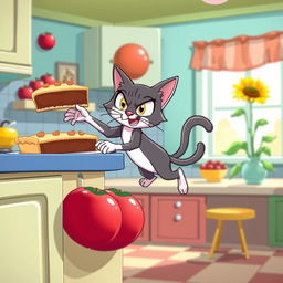 A playful scene of a cartoon character, a sneaky cat with mischievous eyes, tiptoeing through a colorful, whimsical kitchen