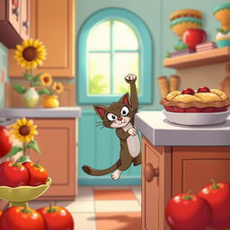 A playful scene of a cartoon character, a sneaky cat with mischievous eyes, tiptoeing through a colorful, whimsical kitchen