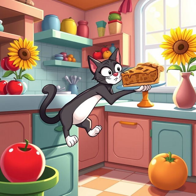 A playful scene of a cartoon character, a sneaky cat with mischievous eyes, tiptoeing through a colorful, whimsical kitchen