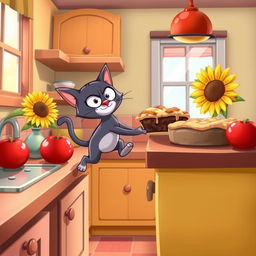 A playful scene of a cartoon character, a sneaky cat with mischievous eyes, tiptoeing through a colorful, whimsical kitchen
