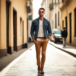 A high-quality photograph capturing a casually attractive man strolling down a street