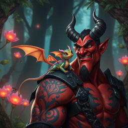 A whimsical scene showcasing a tiny, vibrant dragon perched playfully on the shoulder of a tall, muscular demon with vibrant red skin and intricate tattoos