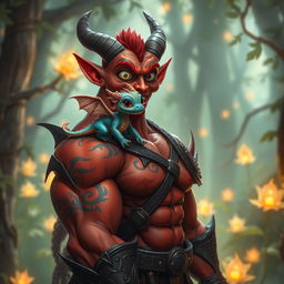 A whimsical scene showcasing a tiny, vibrant dragon perched playfully on the shoulder of a tall, muscular demon with vibrant red skin and intricate tattoos