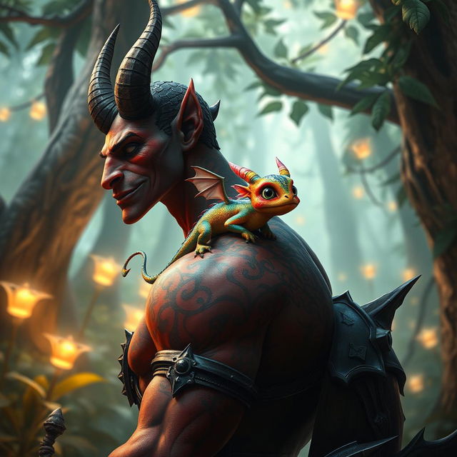 A whimsical scene showcasing a tiny, vibrant dragon perched playfully on the shoulder of a tall, muscular demon with vibrant red skin and intricate tattoos