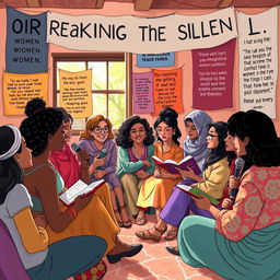 An evocative and powerful illustration titled 'Breaking the Silence: Women's Voices, Stories, and Empowerment'