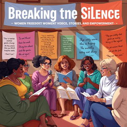 An evocative and powerful illustration titled 'Breaking the Silence: Women's Voices, Stories, and Empowerment'