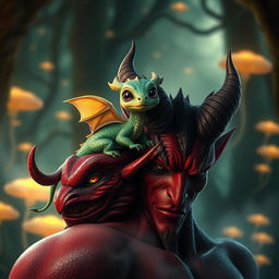 A captivating scene featuring a tiny, adorable dragon with shimmering emerald scales comfortably perched on the shoulder of a strikingly attractive demon