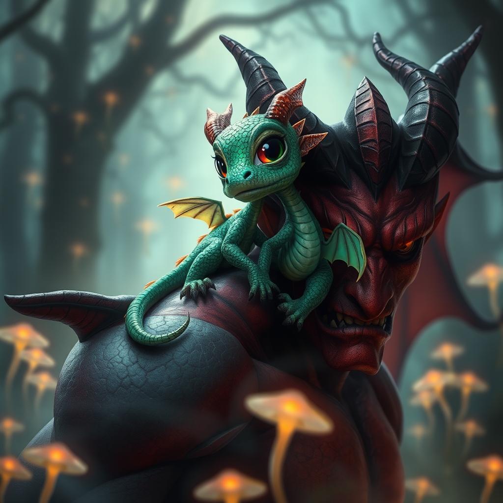 A captivating scene featuring a tiny, adorable dragon with shimmering emerald scales comfortably perched on the shoulder of a strikingly attractive demon