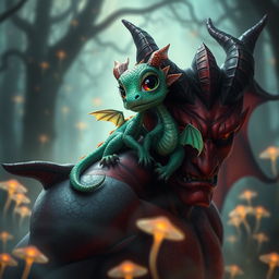 A captivating scene featuring a tiny, adorable dragon with shimmering emerald scales comfortably perched on the shoulder of a strikingly attractive demon