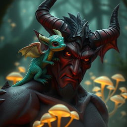 A captivating scene featuring a tiny, adorable dragon with shimmering emerald scales comfortably perched on the shoulder of a strikingly attractive demon