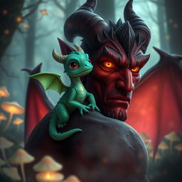 A captivating scene featuring a tiny, adorable dragon with shimmering emerald scales comfortably perched on the shoulder of a strikingly attractive demon