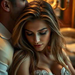 a close-up, artistic interpretation of a sensual moment, featuring a beautiful woman with long flowing hair, soft textures, and warm lighting that creates an intimate ambiance