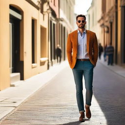 A high-quality photograph capturing a casually attractive man strolling down a street