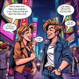 A fantastic and thrilling adult comic book style illustration featuring a playful and adventurous narrative, showcasing two characters engaged in flirtatious banter and playful interactions