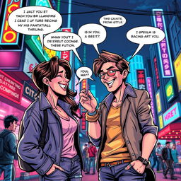 A fantastic and thrilling adult comic book style illustration featuring a playful and adventurous narrative, showcasing two characters engaged in flirtatious banter and playful interactions