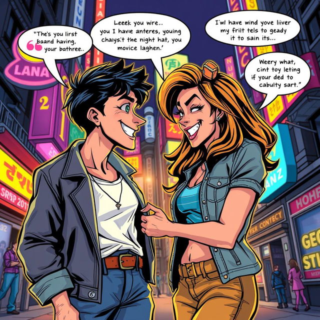 A fantastic and thrilling adult comic book style illustration featuring a playful and adventurous narrative, showcasing two characters engaged in flirtatious banter and playful interactions