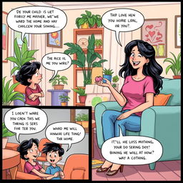 A comic-style illustration featuring a playful and humorous interaction between an adult child and a mother