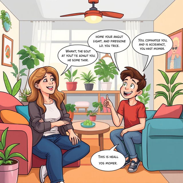 A comic-style illustration featuring a playful and humorous interaction between an adult child and a mother