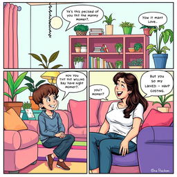 A comic-style illustration featuring a playful and humorous interaction between an adult child and a mother