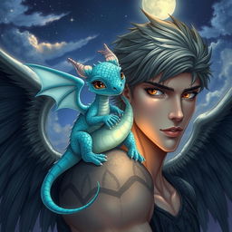 A stunning fantasy illustration depicting a tiny, captivating dragon with radiant aquamarine scales perched on the shoulder of a strikingly handsome male fallen angel