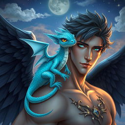 A stunning fantasy illustration depicting a tiny, captivating dragon with radiant aquamarine scales perched on the shoulder of a strikingly handsome male fallen angel