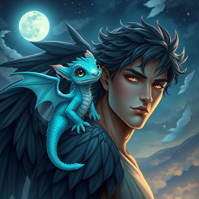 A stunning fantasy illustration depicting a tiny, captivating dragon with radiant aquamarine scales perched on the shoulder of a strikingly handsome male fallen angel