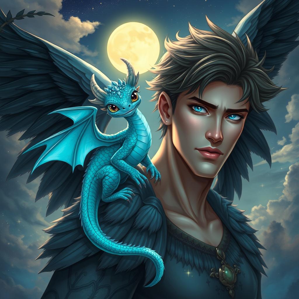 A stunning fantasy illustration depicting a tiny, captivating dragon with radiant aquamarine scales perched on the shoulder of a strikingly handsome male fallen angel