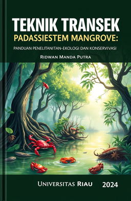 A book cover design featuring the title 'TEKNIK TRANSEK PADA EKOSISTEM MANGROVE: PANDUAN PENELITIAN EKOLOGI DAN KONSERVASI' prominently displayed at the top in bold, modern typography