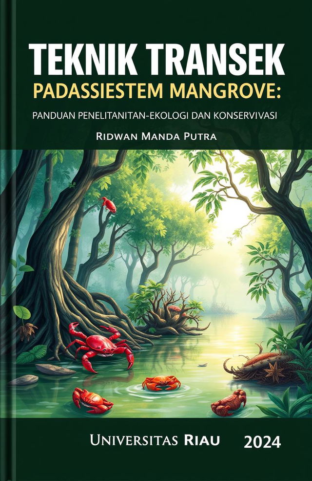 A book cover design featuring the title 'TEKNIK TRANSEK PADA EKOSISTEM MANGROVE: PANDUAN PENELITIAN EKOLOGI DAN KONSERVASI' prominently displayed at the top in bold, modern typography