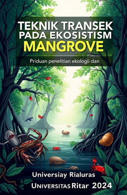 A book cover design featuring the title 'TEKNIK TRANSEK PADA EKOSISTEM MANGROVE: PANDUAN PENELITIAN EKOLOGI DAN KONSERVASI' prominently displayed at the top in bold, modern typography