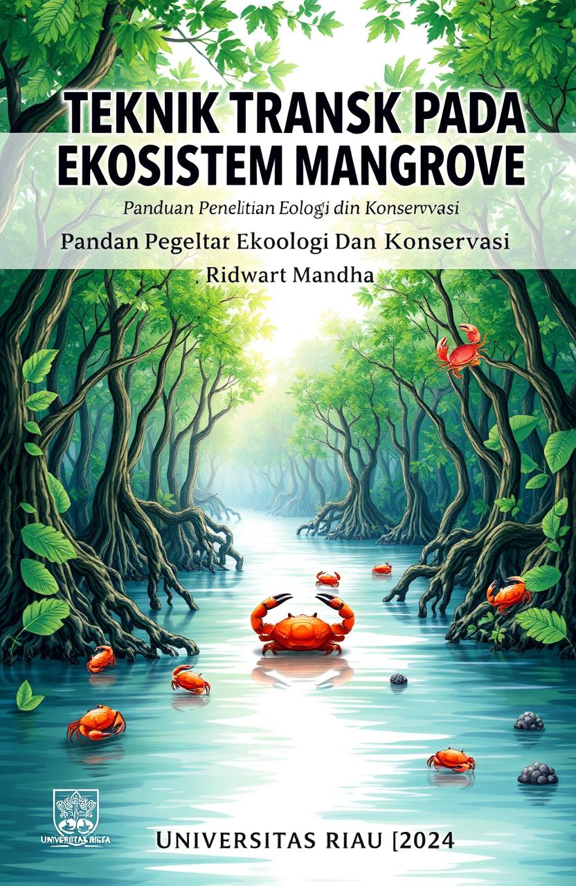 A book cover design featuring the title 'TEKNIK TRANSEK PADA EKOSISTEM MANGROVE: PANDUAN PENELITIAN EKOLOGI DAN KONSERVASI' prominently displayed at the top in bold, modern typography