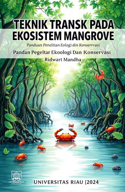 A book cover design featuring the title 'TEKNIK TRANSEK PADA EKOSISTEM MANGROVE: PANDUAN PENELITIAN EKOLOGI DAN KONSERVASI' prominently displayed at the top in bold, modern typography