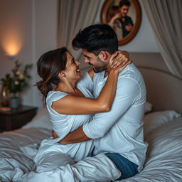 A dynamic, intimate scene depicting a couple engaged in a passionate embrace, showcasing strong emotional connection