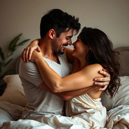 A dynamic, intimate scene depicting a couple engaged in a passionate embrace, showcasing strong emotional connection