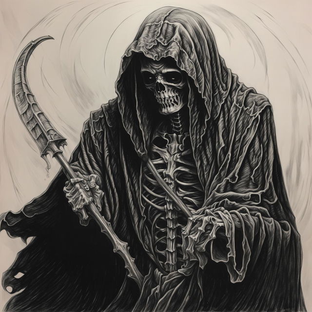 This is a high-quality, intense graphite pencil drawing of the classic Grim Reaper