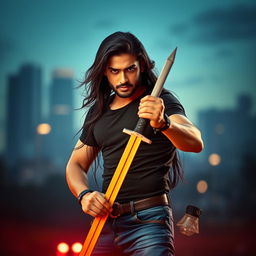 A dramatic and intense portrait of a male figure resembling a Bollywood star with long flowing black hair, holding a sword in a fierce stance