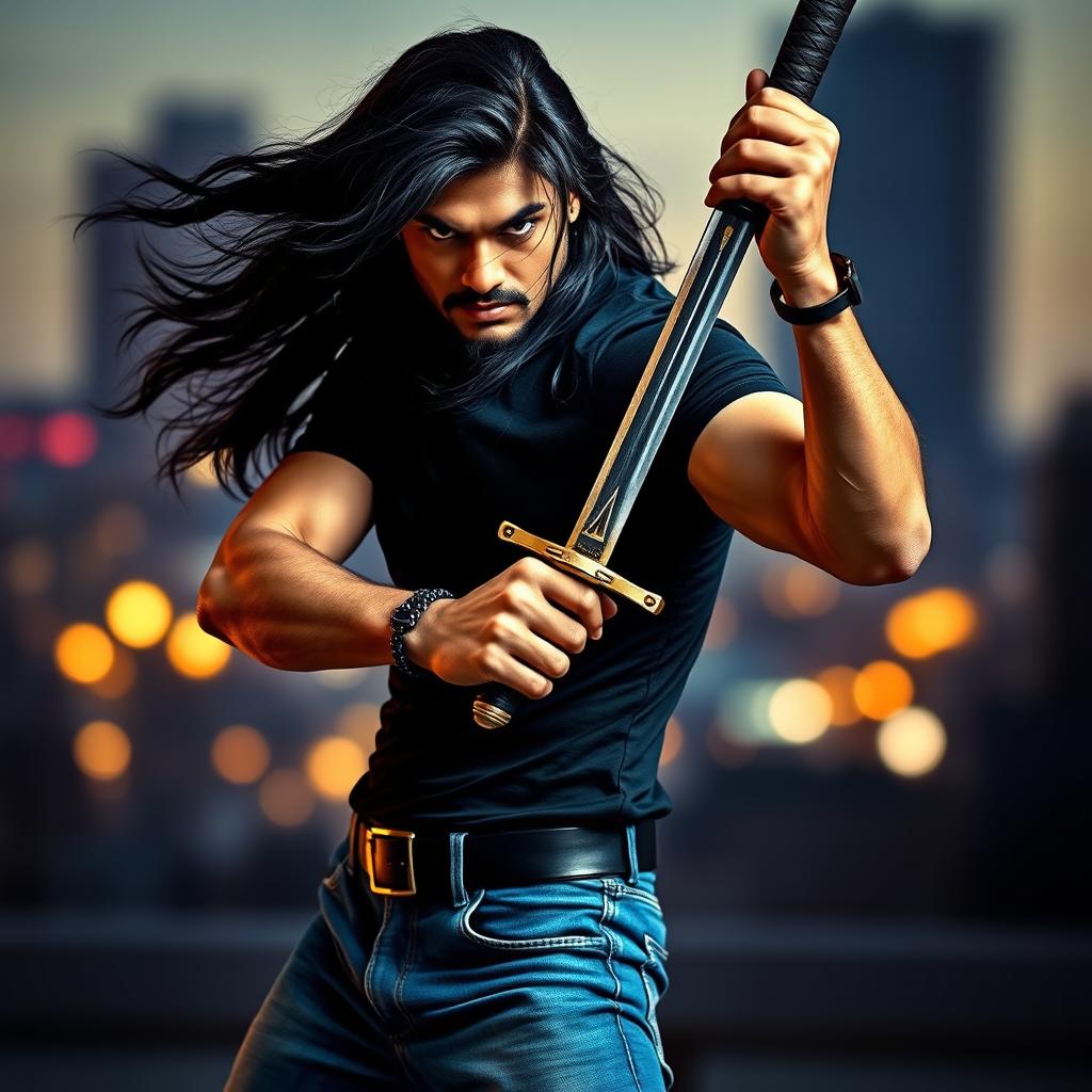 A dramatic and intense portrait of a male figure resembling a Bollywood star with long flowing black hair, holding a sword in a fierce stance