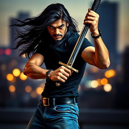 A dramatic and intense portrait of a male figure resembling a Bollywood star with long flowing black hair, holding a sword in a fierce stance