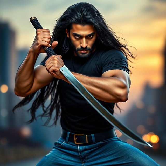 A dramatic and intense portrait of a male figure resembling a Bollywood star with long flowing black hair, holding a sword in a fierce stance