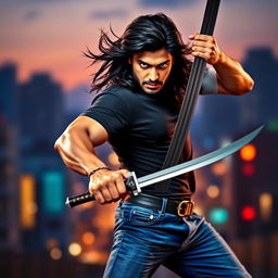 A dramatic and intense portrait of a male figure resembling a Bollywood star with long flowing black hair, holding a sword in a fierce stance