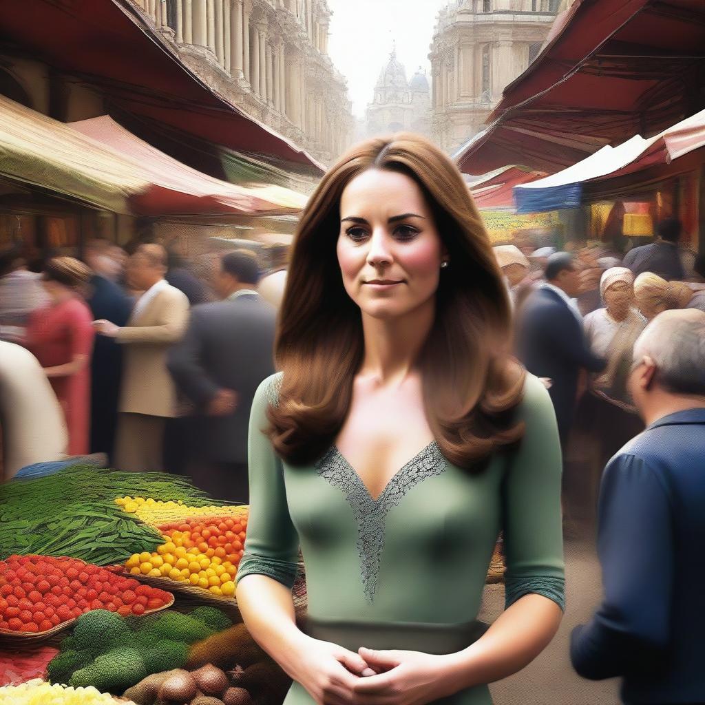 A high-resolution digital art piece, showing Kate Middleton in a bustling bazaar