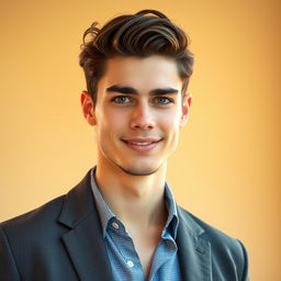 A handsome, 25-year-old young man stands tall, captured from head to shoes