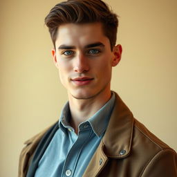 A handsome, 25-year-old young man stands tall, captured from head to shoes