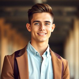 A handsome, 25-year-old young man stands tall, captured from head to shoes