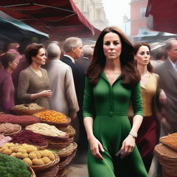 A high-resolution digital art piece, showing Kate Middleton in a bustling bazaar