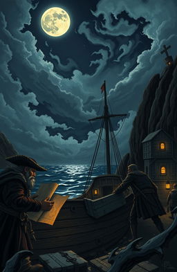 A captivating illustration depicting a mysterious scene in an ancient coastal town, home to smugglers