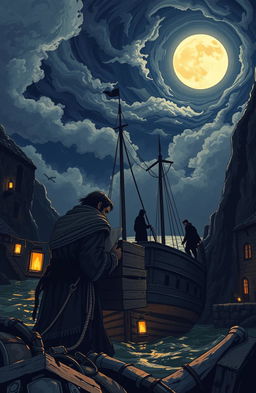 A captivating illustration depicting a mysterious scene in an ancient coastal town, home to smugglers