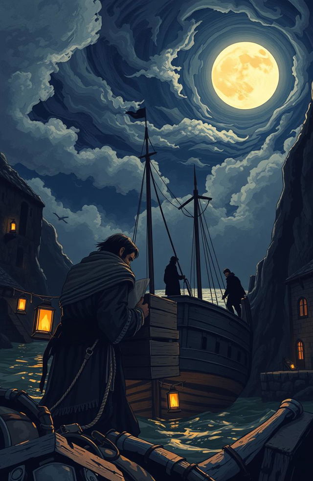 A captivating illustration depicting a mysterious scene in an ancient coastal town, home to smugglers